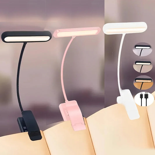 Candeeiro de Leitura Portátil com Clip — Recarga USB, Luz Regulável (3 Tons) Candeeiro de leitura prático e flexível, ideal para utilizar em livros, tablets ou outros dispositivos. Possui clip ajustável que fixa facilmente em livros ou superfícies finas.